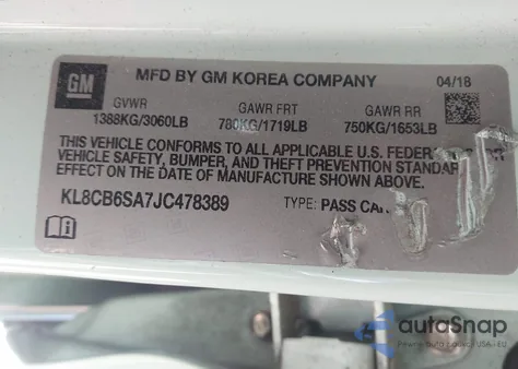 2018 Chevrolet Spark Ls Cvt z USA, uszkodzony, nr VIN KL8CB6SA7JC478389